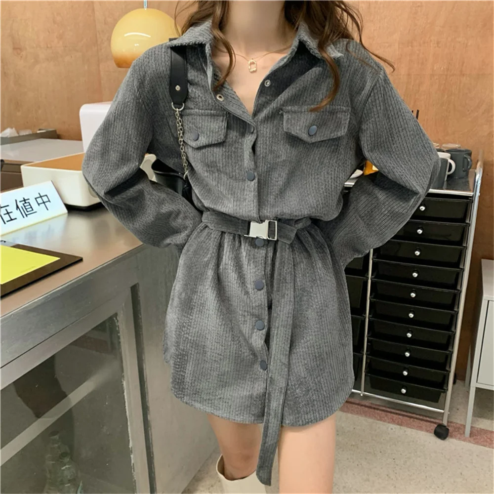 

동대문 Corduroy Warm Chic High Waist Mini Dress Close Waist 2021 Casual Lapel Stylish Vintage Loose Work Wear Hot Vestidos