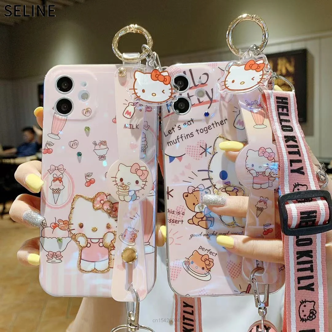 Sanrio Hello Kitty With Lanyard Wrist Strap Wristband Cell Phone Case For IPhone 13 Pro Max 12 11 XS X XR SE 7 8 Plus 6 6s Y2k