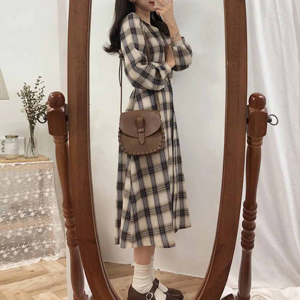 

2021 Women Spring/Autumn Dress Plaid V Neck Long Sleeve Buttons Waist Tied Slim Midi Dress
