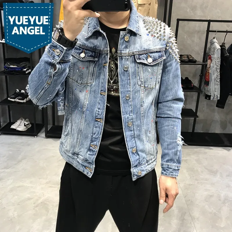 

High Quality Rivet Lapel Hole Ripped Male Denim Jackets Fashion Punk Style Single Breasted Slim Mens Outwear Coats Plus Size