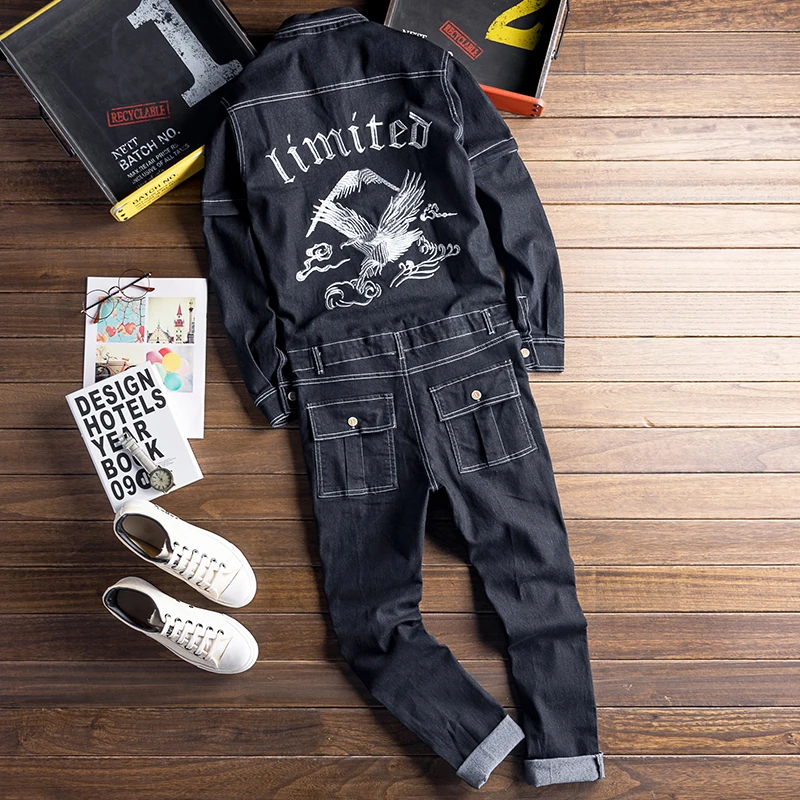 Men Jeans Jumpsuits Lapel Long Detachable Sleeve Embroidered Fashion Hip Hop Denim Overalls Cargo Pants Black Homme Trousers