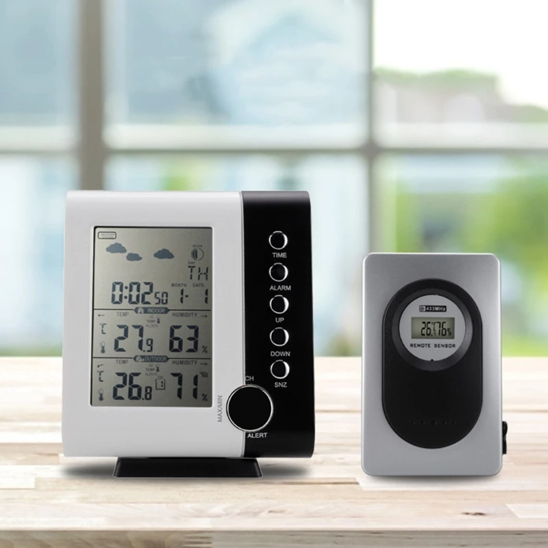 

Wireless Weather Station Forecast Table Snooze Alarm Clock Display Calendar Temperature Thermometer Humidity Hygrometer