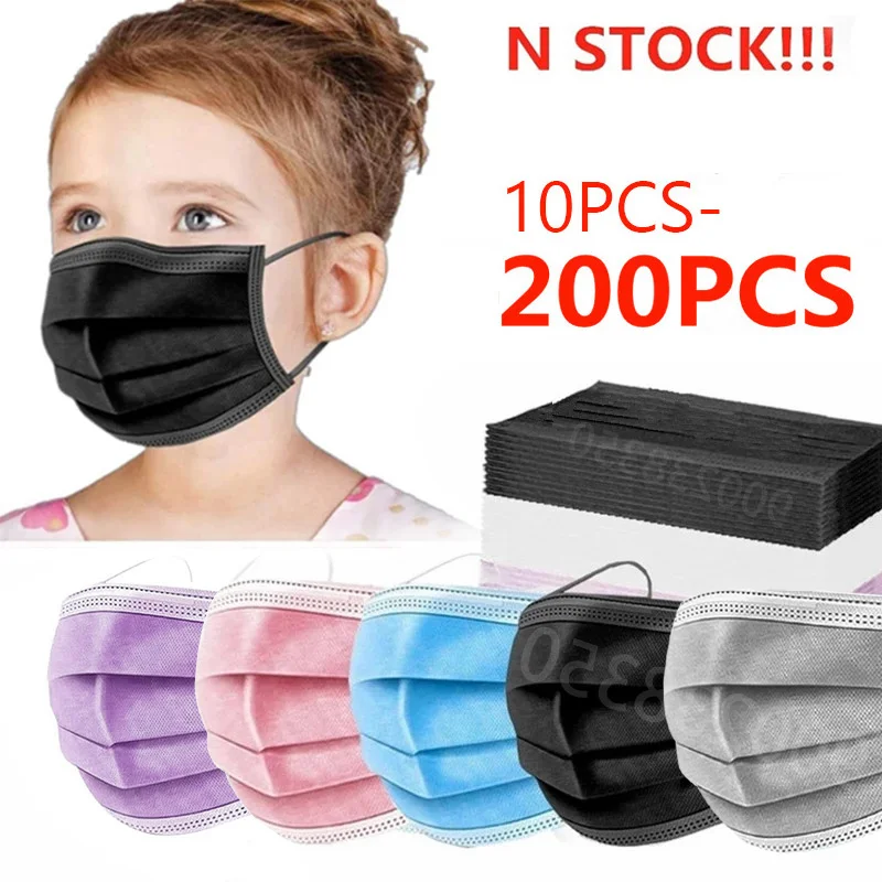 Buy 10-200PCS Children Disposable Black Face Masks Filter Child Protective masks Sanitary Non-wove 3 Layer Ply Kids Meltblown mask on