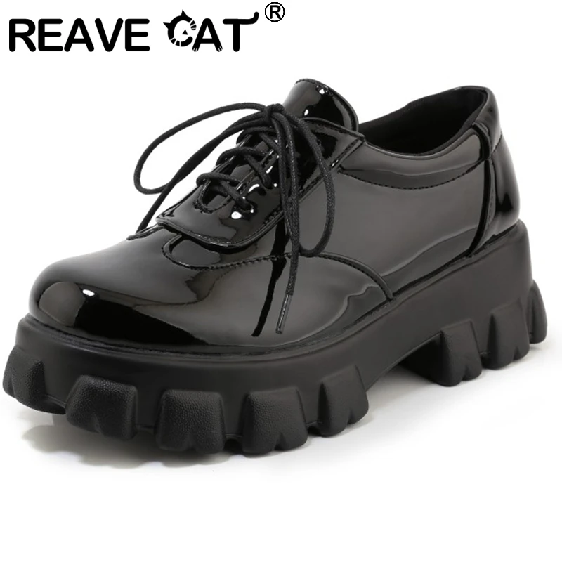 

REAVE CAT New 2021 Ladies Pumps Lace Round Toe 6cm Block Heels Pumps Patent Leather Comfortable Breathable Non-slip Casual A4069