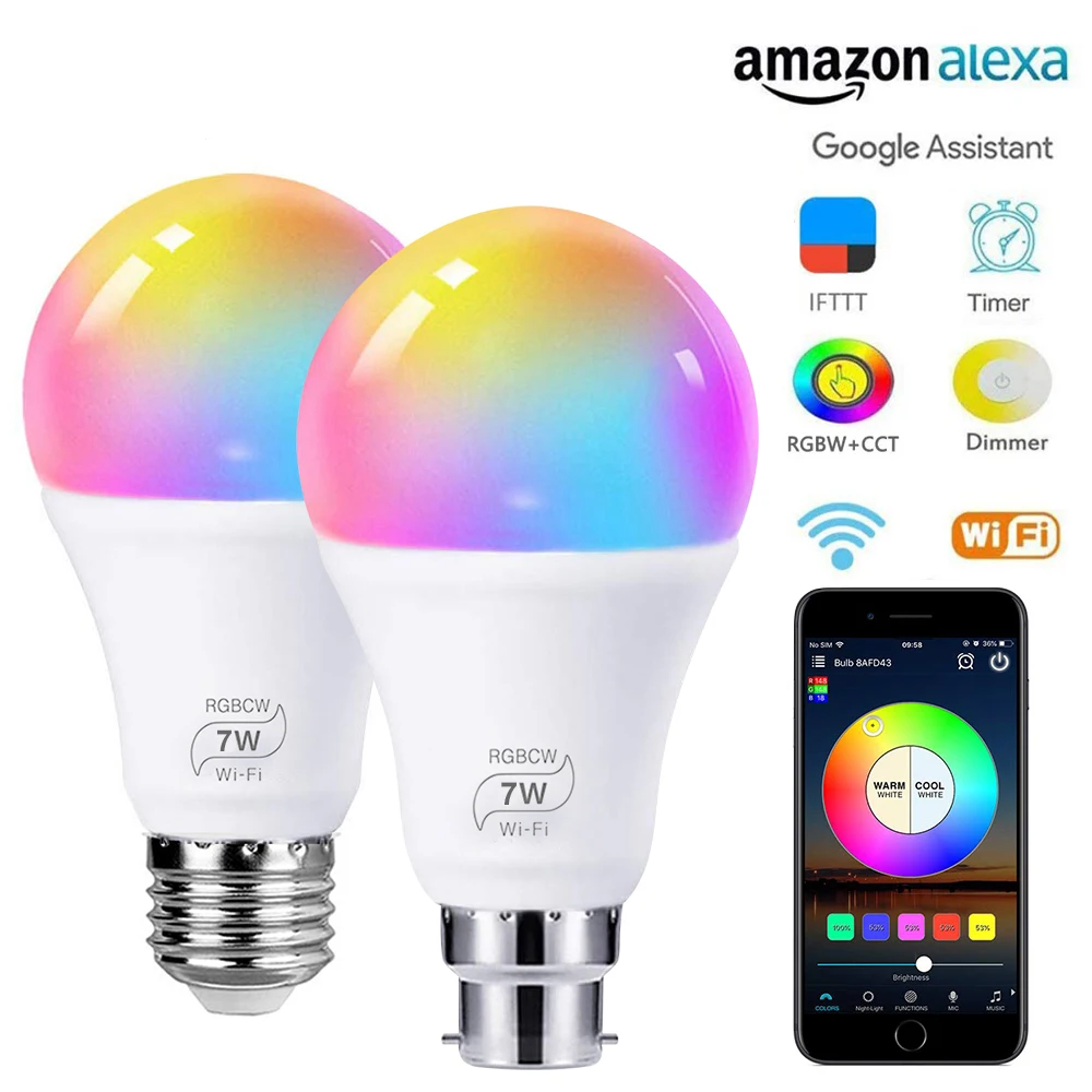 

7W E27 B22 Wifi Smart LED Bulb RGB CW Color Changing Light Dimmable Smart LED Lamp Compatible With Alexa Google Voice Control