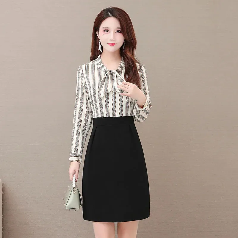 

Женское офисное мини-платье в полоску, элегантное платье с длинным рукавом и имитацией двух частей, весенние тонкие сексуальные модные Лоск...