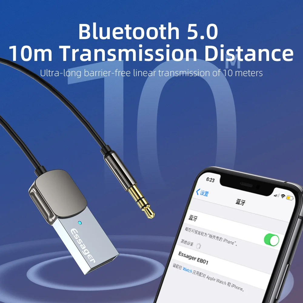 Essager Aux Bluetooth-адаптер аудиокабель для автомобилей USB Bluetooth Разъем 3 5 мм приемник