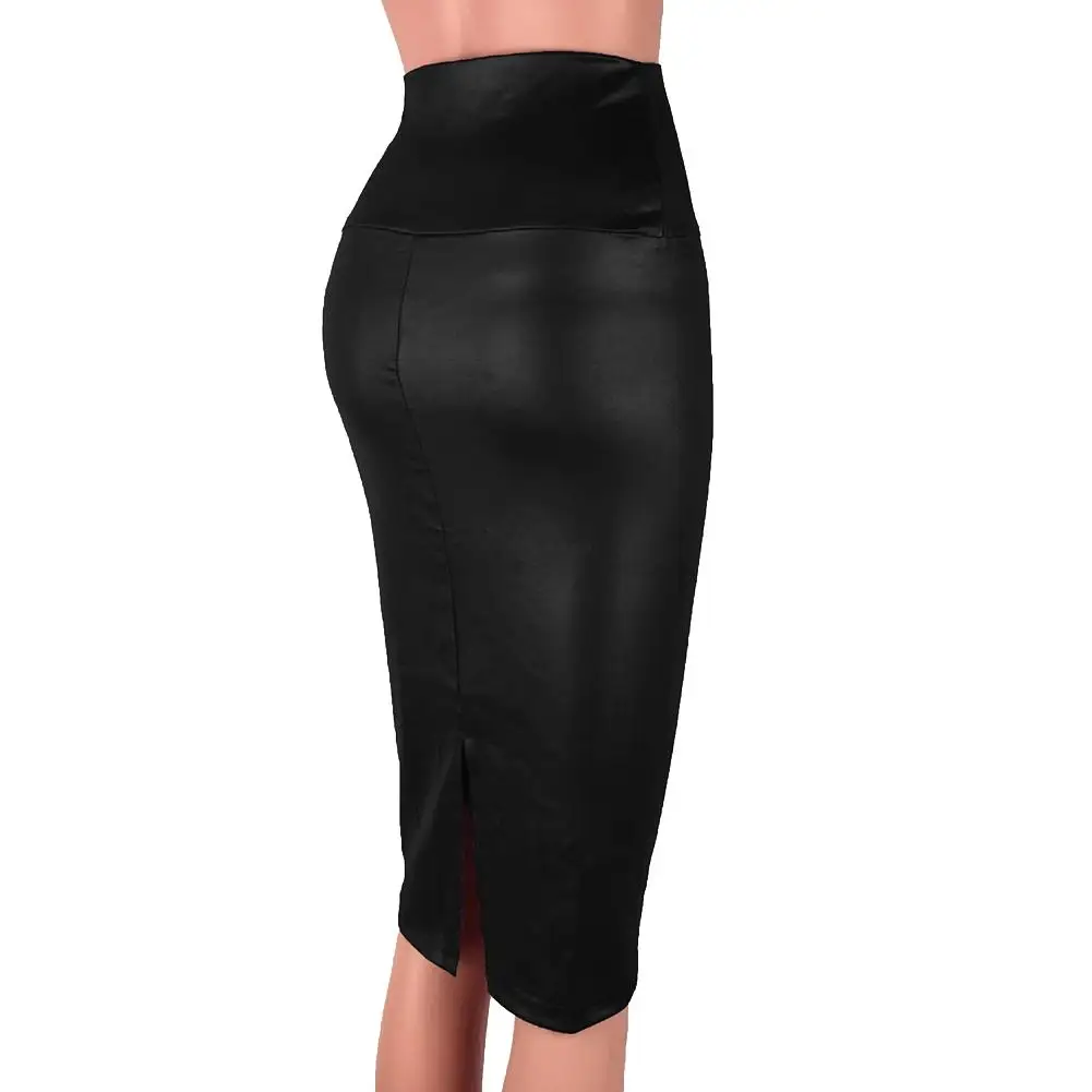 

Fashion Women High Waist Split Faux Leather Knee Length Bodycon Pencil Skirt
