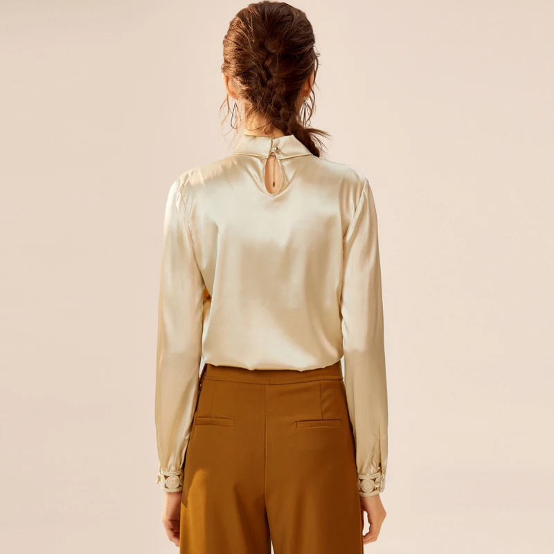 

100% Silk Women's Shirt Stand Collar Long Sleeves Ruched Embroidery Elegant Blouse Tops Camisa