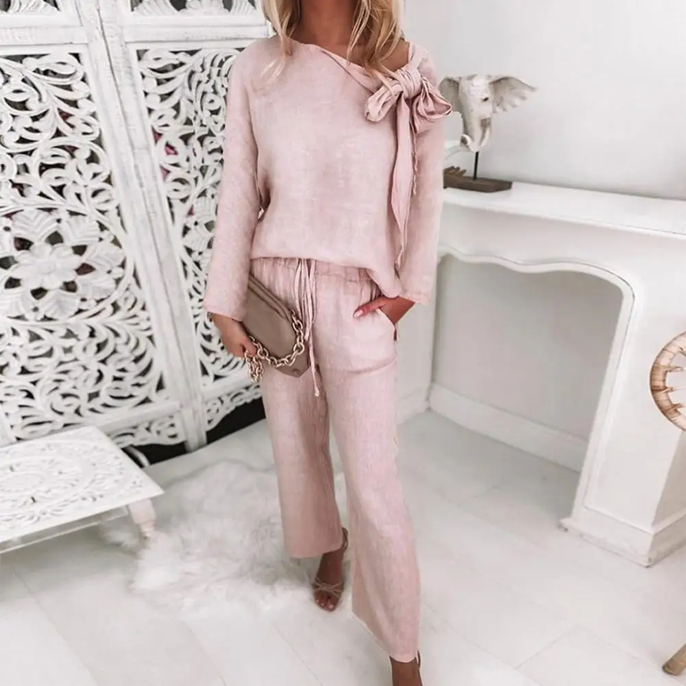Ankle-Length  Stylish Long Sleeve Blouse Wide Leg Long Pants Set Autumn Women Outfit Long Sleeve   for Daily Wear