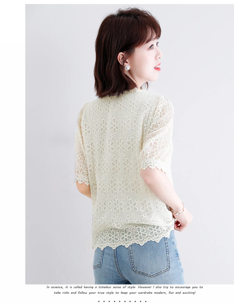 

Women's Blouses Fashion Tops Casual Shirts Flower Blouse Lace V-neck Shirt Short Sleeve Top Korean New Summer