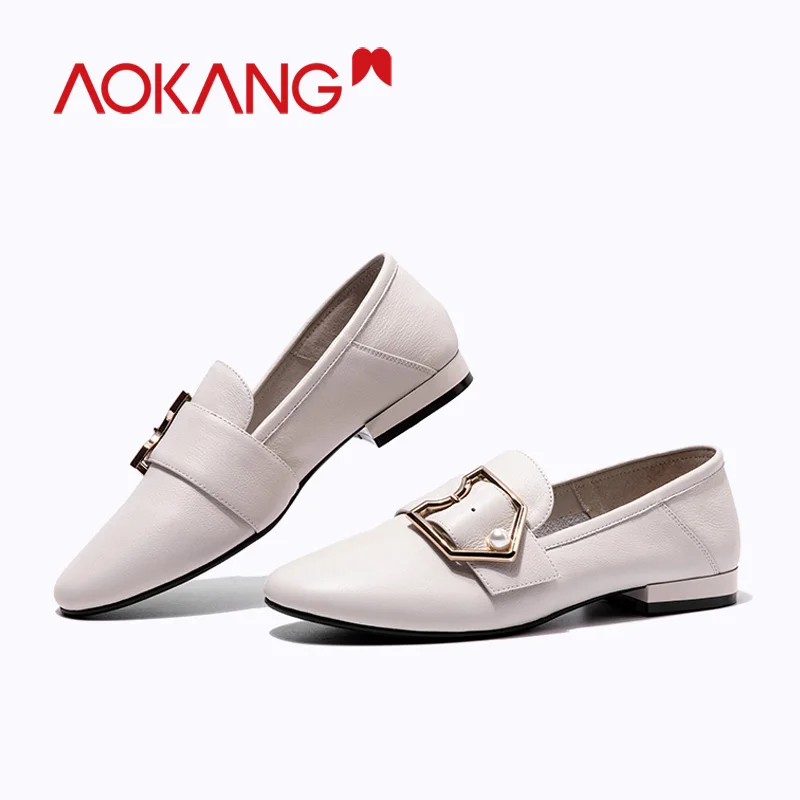 AOKANG/2019 черные лоферы на плоской подошве женские мокасины из натуральной кожи