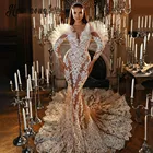 Свадебное платье русалки, с V-образным вырезом, пуговицами и бисером на спине, с аппликацией из кристаллов, с длинным рукавом, для невесты