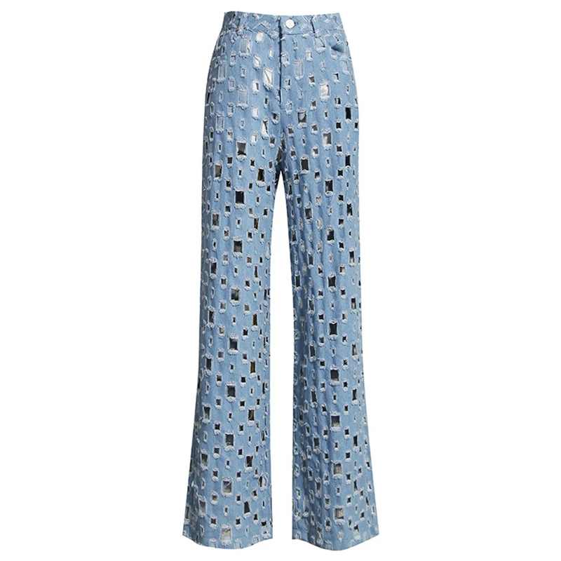 

Women Wide Leg Jeans Ripped Destory Hollow Out High Waist Jeans Pants