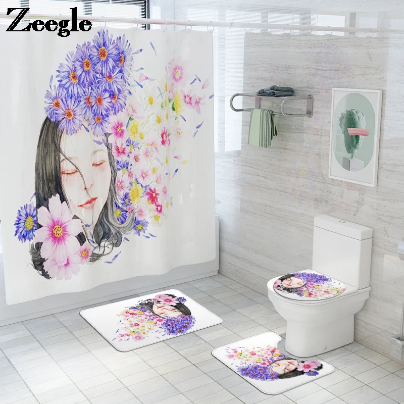 

Красивый коврик для ванной с принтом и водонепроницаемой душевой занавеской, впитывающий комплект коврик для туалета, нескользящий компле...