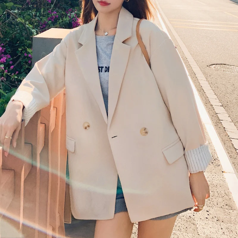 

Office Ladies Notched Collar Suit Jacket 2021 Autumn Women Single Button Loose Blazer Female Long Sleeve Cardigan Suit Jacket