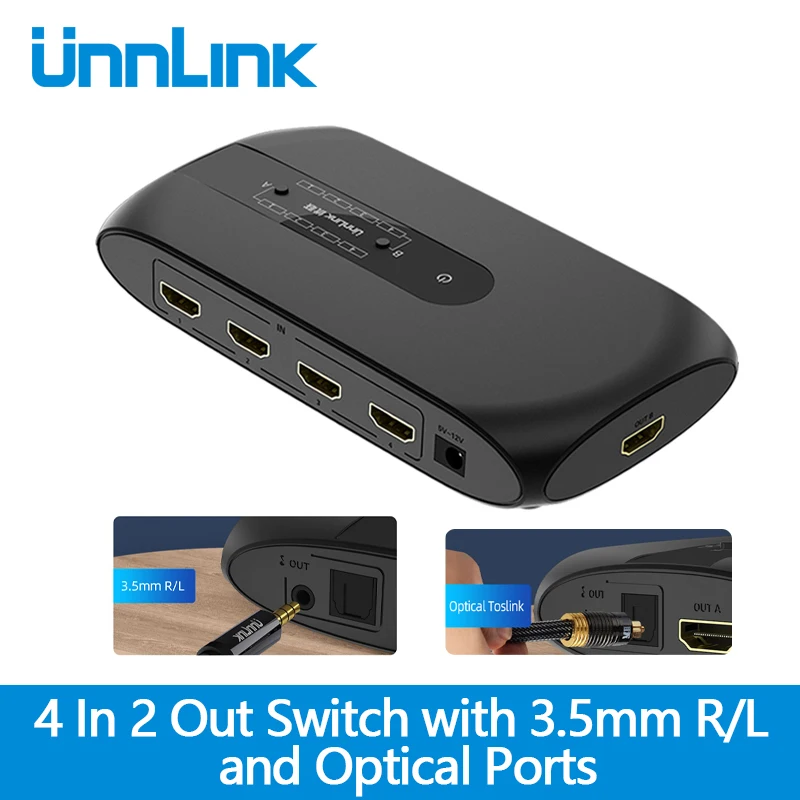 

Unnlink 4x2 HDMI-compatible Switch 4 In 2 Out Matrix Splitter 4K 3D Visual Remote Switch with 3.5mm jack Audio Optical Toslink