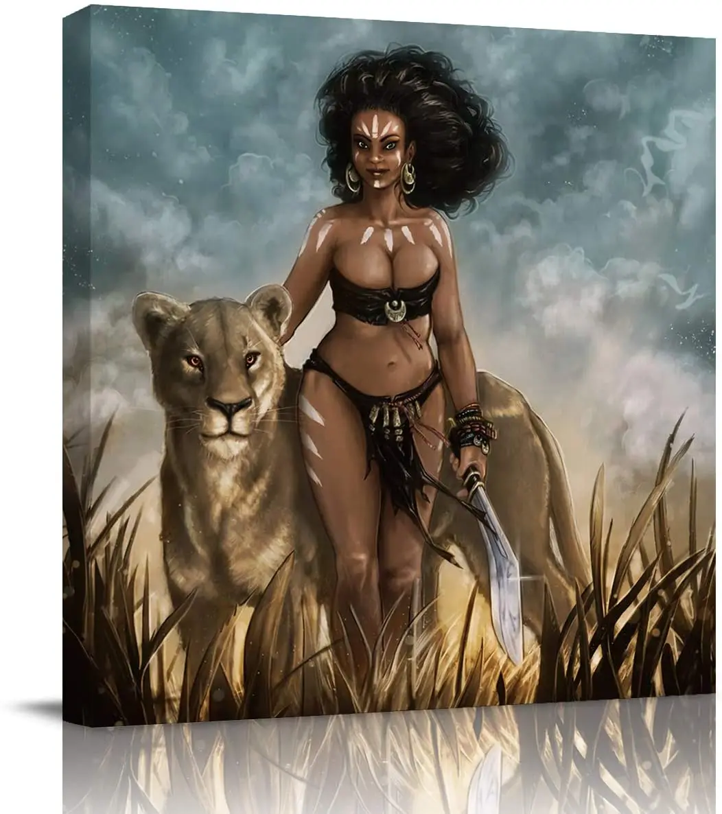 

Холст, настенное искусство, африканские женщины с изображением Льва и Саванны, современное художественное оформление для гостиной, офиса, Д...