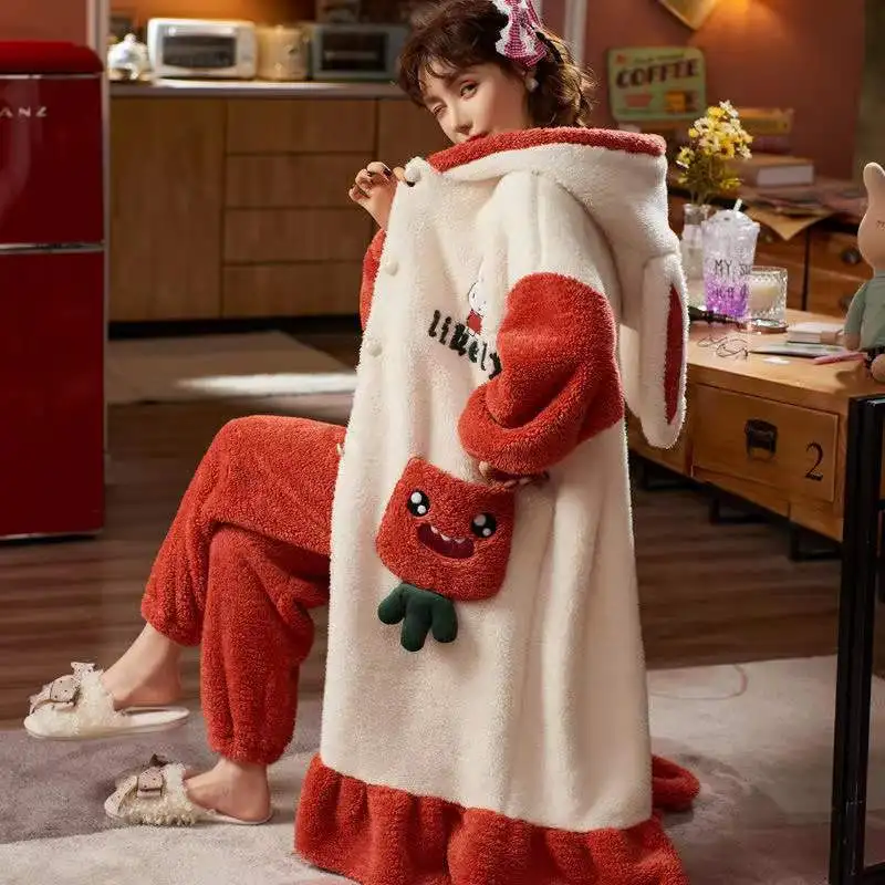 Winter Coral Fleece Pajamas Sets Women Thick Warm Flannel 2-Piece Set Sweet Cute Hooded Nightgowns Suit Soft Home Clothing F