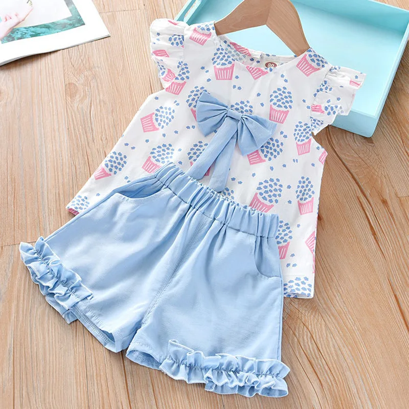 

2021 Summer New Girl Set Korean Children's Short Sleeve Shorts Set Cute Ice Cream Two-Piece Set