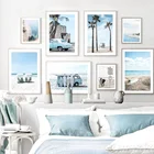 Синее море, кокосовое дерево, зонт для серфинга, солнце, автомобильный настенный художественный принт, Картина на холсте, Постер в скандинавском стиле, настенные картины для декора гостиной