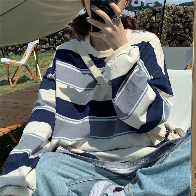 

Oversized Hoodies Figure Sweater Women's Korean-Style 2021 Stripes Thin