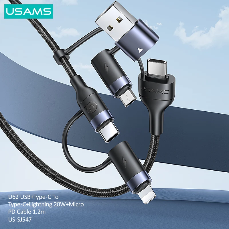 USAMS 60 Вт 3 в 1 USB-кабель Тип C кабель 2 м для быстрой зарядки iPhone 13 12 11 Pro Max Huawei Xiaomi