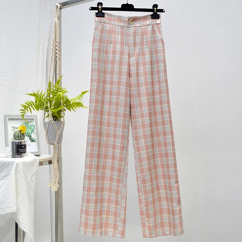

Korean Version Of high Waist Ice Silk Plaid Wide-Leg Pants Women's Spring Loose Suit Chiffon Drape Straight Casual Long Pants