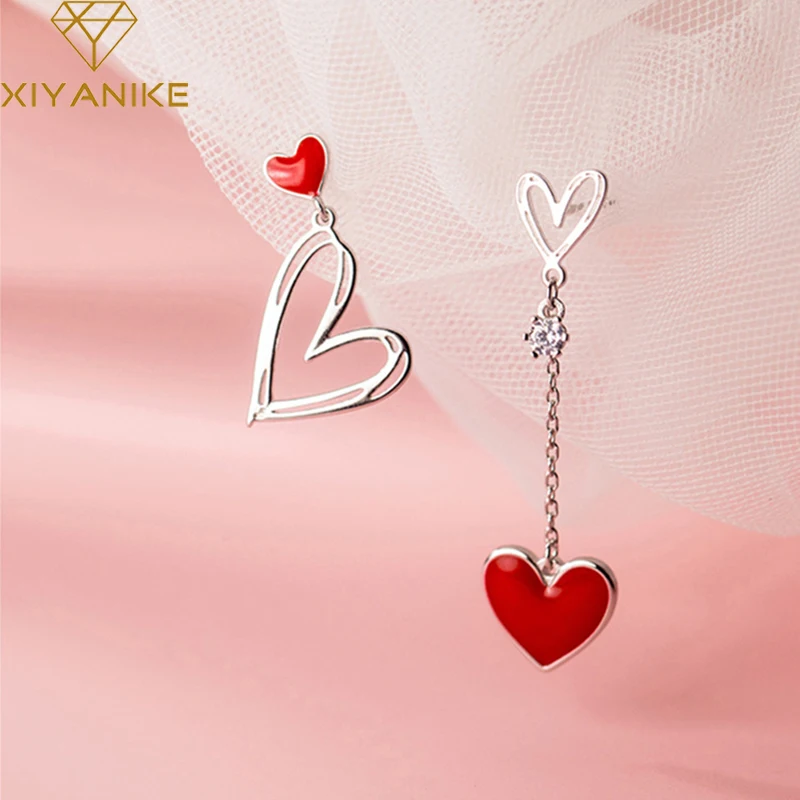

XIYANIKE Silver Color Red Epoxy Asymmetric Love Heart Stud Earring Female Trendy Sweet Engagement Party Wedding Jewelry
