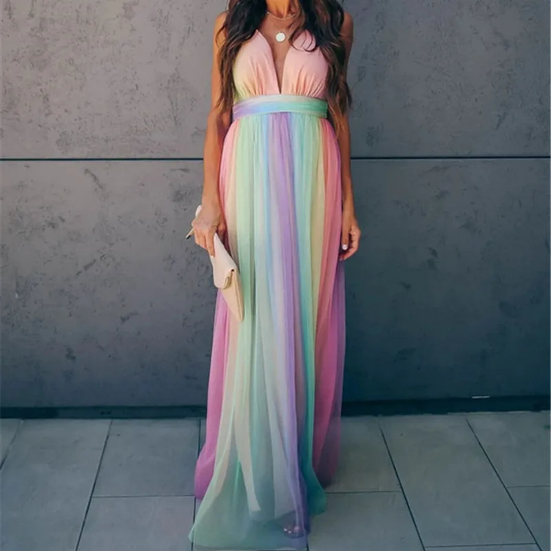 

Summer Sexy Mesh Women Maxi Dress 2020 Deep V-neck Rainbow Spaghetti Straps Party Dress Women