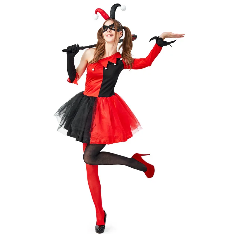 Adult Women Halloween Circus Clown Costumes Female Droll Joker Cosplay Carnival Purim Parade Nightclub Bar Role Play Party Dress