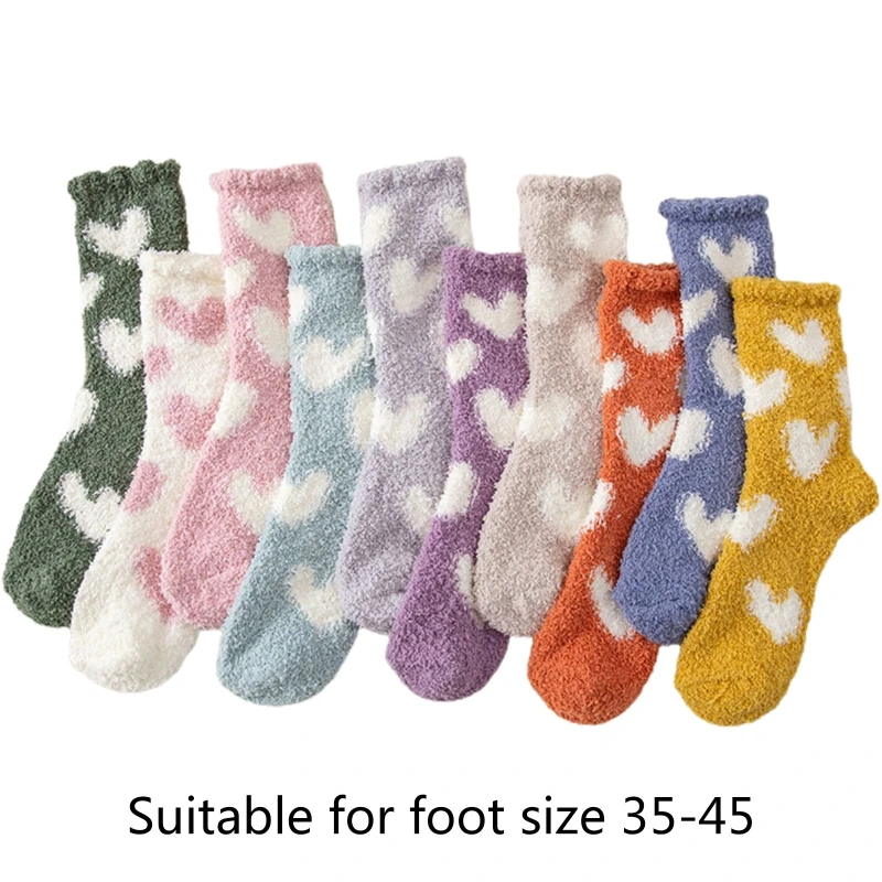 10 Pairs Women Winter Thick Coral Velvet Fuzzy Slipper Socks Sweet Heart Jacquard Candy Color Cozy Warm Home Sleeping Hosiery Gi |