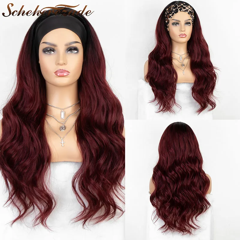 

Scheherezade Long Burgundy Headband Wig Body Wave Synthetic Wig For Black Women Glueless Wig With Headband Cosplay Synthetic Wig