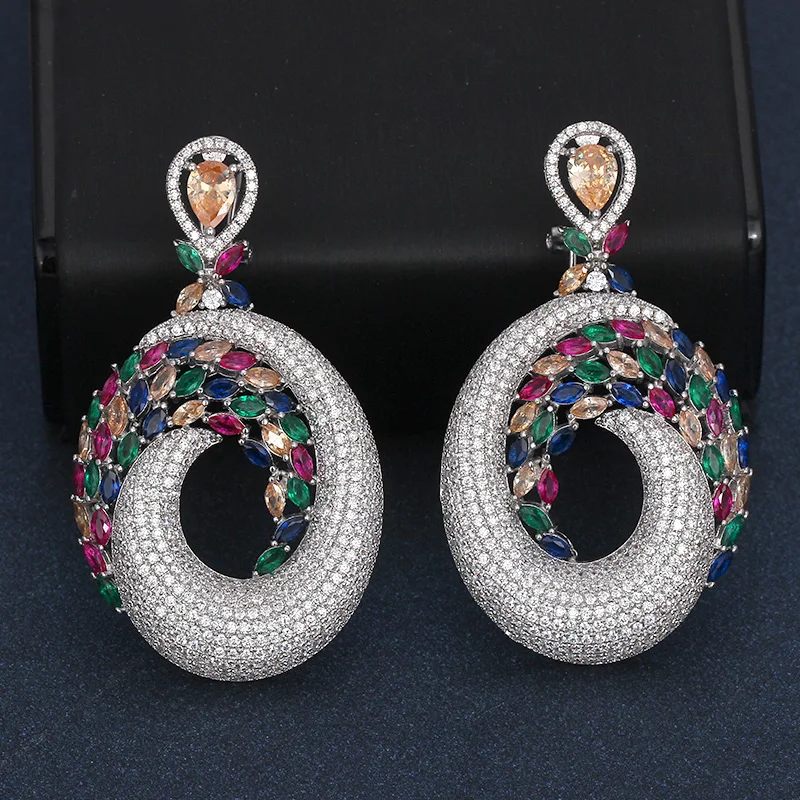

Bride Talk Luxury Cubic Zirconia Colored Stones Women Statement Round Drop Earrings Wedding Party Bridal Finger Jewelry Gift