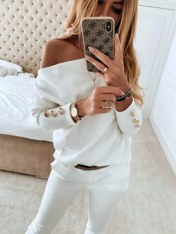 Женская Свободная блузка с открытыми плечами и длинным рукавом однотонная