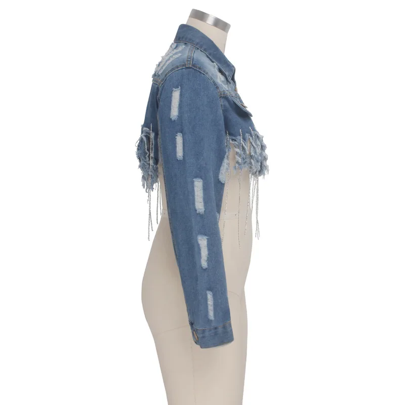 Женская рваная джинсовая куртка винтажная куртка-бомбер с отложным воротником и