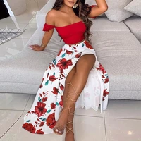 floral printed thigh slit skirt set women 2021 new trendy two piece sets sexy off shoulder ruffles top skirt set