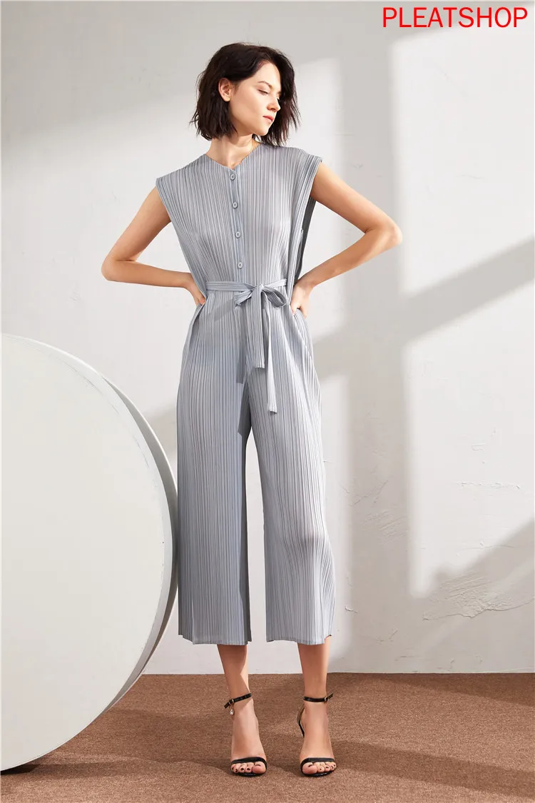 MIYAKE Elegant Casual Spring And Summer Women 's Sleeveless V- neck Slimming Lace -up Wide-Leg Onesie rompers womens jumpsuit