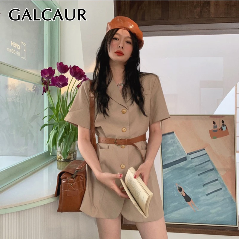 

Женское однобортное платье GALCAUR, розовое однотонное платье с отложным воротником, коротким рукавом, мини-карманами и поясом, 2021