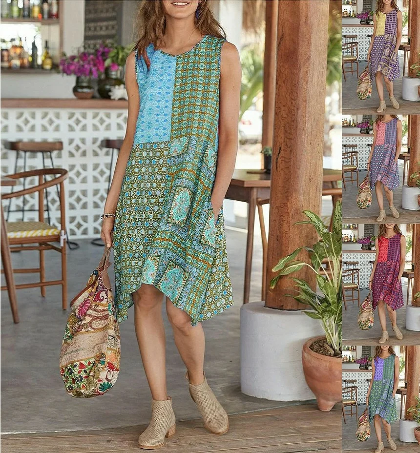 

2021 European and American Summer New Fashion Bohemian Printed Flower Cotton Blend Round Neck Dress