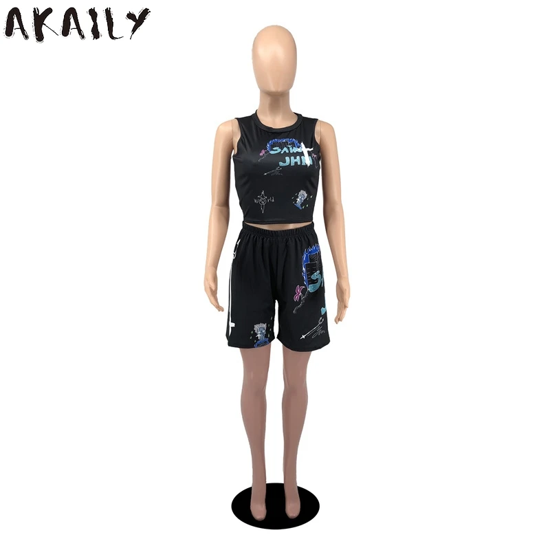 

Akaily Summer Streetwear Black Print 2 Two Piece Sets Tracksuit Matching Sets Fmeale Sleeveless Crop Top Bike Shorts Sets 2021