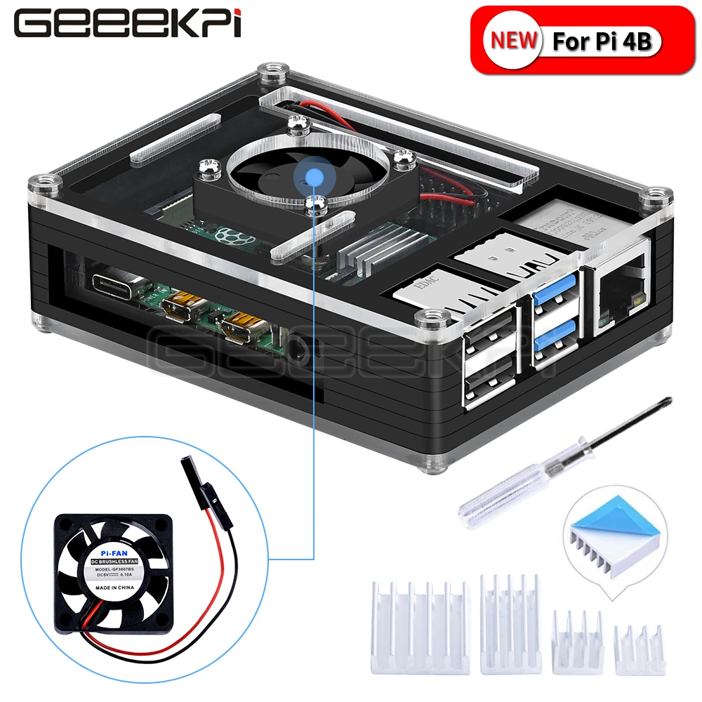 Черный чехол GeeekPi из акрилового пластика с охлаждающим вентилятором для Rasberry Pi 4B