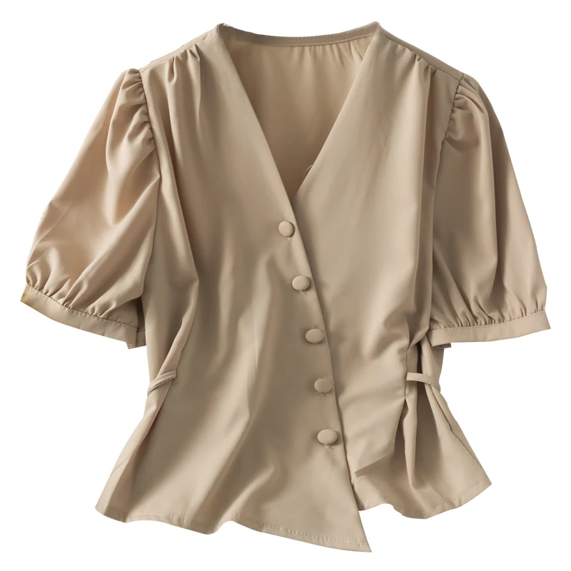 

French Niche Irregular V-neck Button Short Shirt Short-sleeved Shirt Women's Waist Slimming Puff Sleeve Short-sleeved Shirt Top