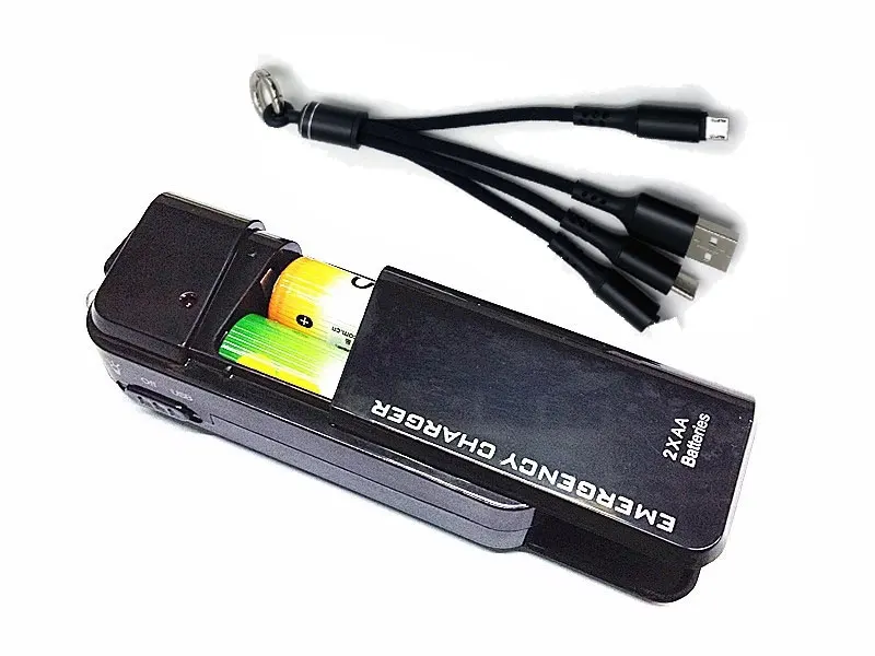 convenient usb emergency charger power bank by 2pcs aa batteries with 3in1 charging cable for universal mobile phone free global shipping