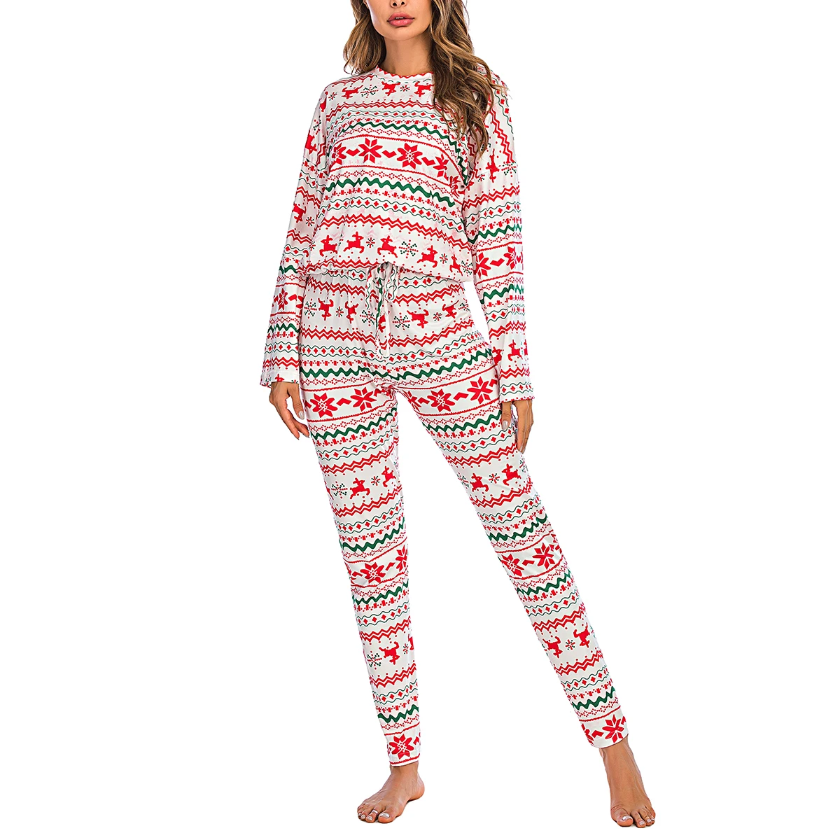 

Women Sleep Christmas Long Sleeve Tops + Shorts Suit Round Collar Snowflake Elk Print Loose Elastic Home Clothes