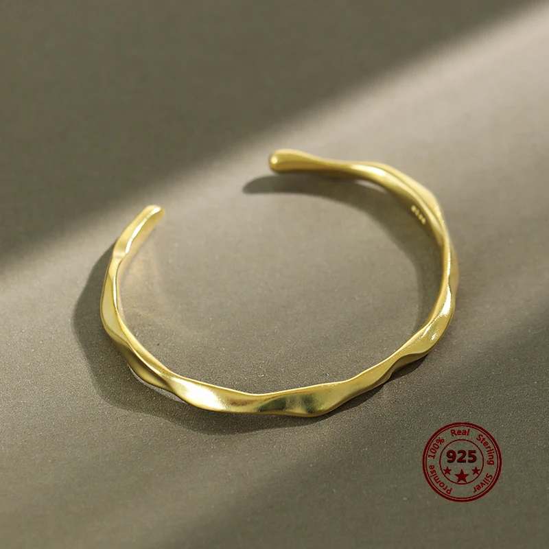 

100% S925 Sterling Silver Open Bracelet Simple Irregular Concave Convex Surface Jewelry Wild Feminine Temperament
