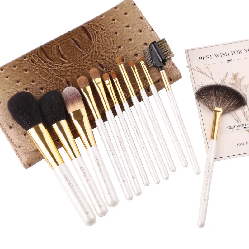 

Zoreya Brand 12pcs Goat Hair Makeup Brush Set Soft Wool Fiber Cosmetic Kit Tools Animal Natural Concealer Blending Brushes Bag