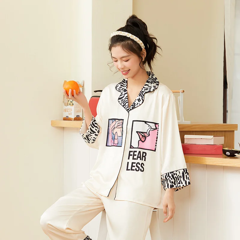 

Print Pajamas Lady Satin Ice Silk Sleepwear 2PCS Shirt&Pants Suit White Summer New Pyjamas Pour Femme Long Sleeve Home Clothes