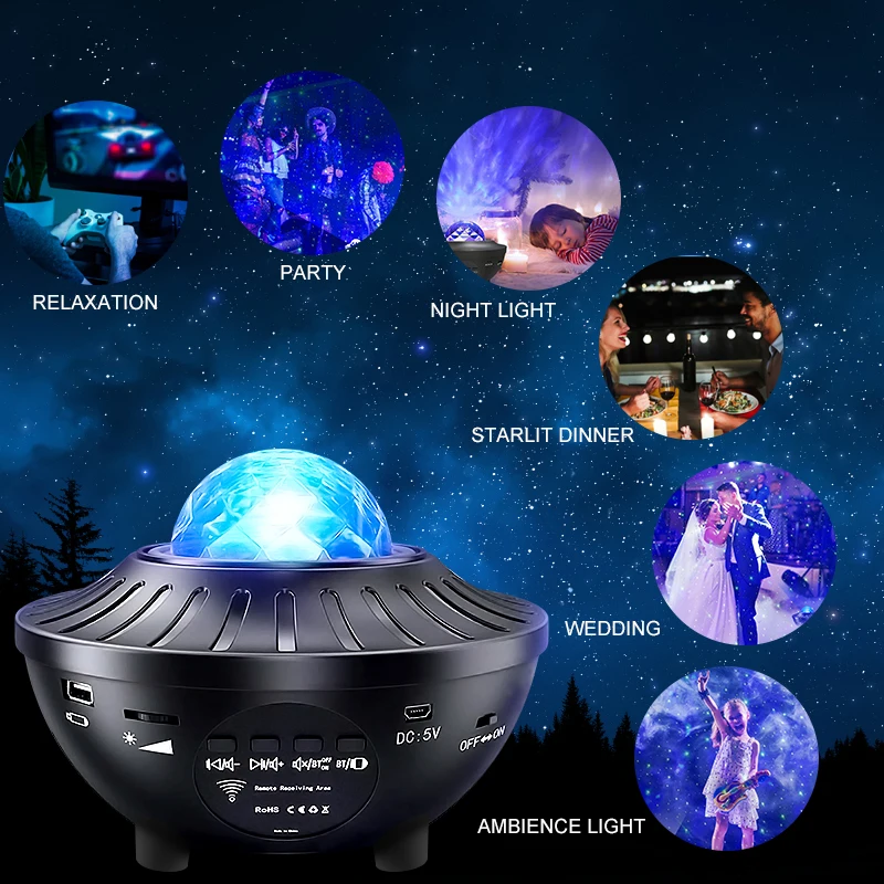 

Цветной проектор звездного неба с волной воды, Галактический ночной Светильник Blueteeth, музыкальный проигрыватель с USB, Звездный ночник, роман...