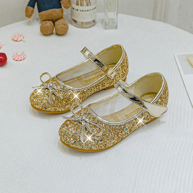 2021Princess Kids Leather Shoes for Girls Flower Casual Glitter Children High Heel Girls Shoes Butterfly Knot Blue Pink Silver